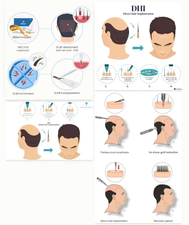 Illustration of a person undergoing DHI Hair Transplantation, showing the extraction and implantation process.