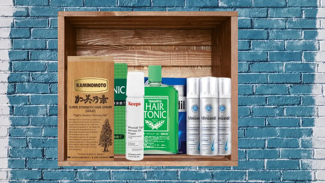 Three hair growth products standing next to each other, representing the different products discussed in the text.