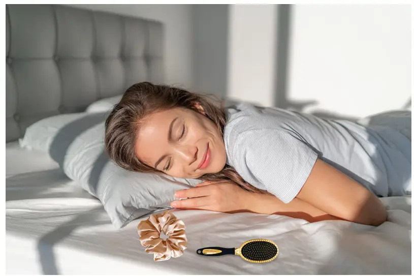 Image of bamboo pillowcases on a bed with hair brush and silk ribbon, illustrating the positive impact on hair health.