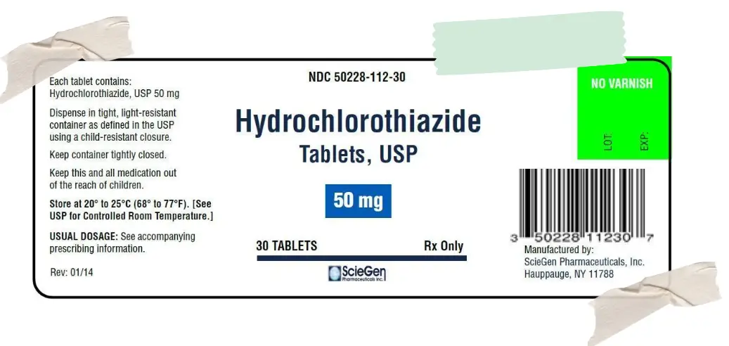 Illustration label of Hydrochlorothiazide medications tablets 50mg with a list of  ingredients each tablet contains
