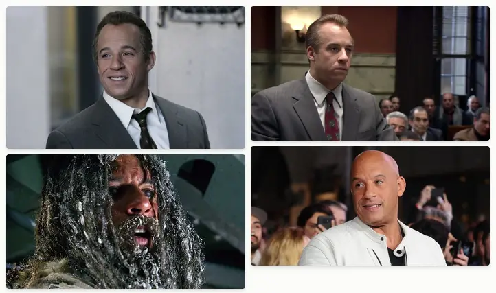 A collage of Vin Diesel's various hairstyles in movies, from wigs to natural hair