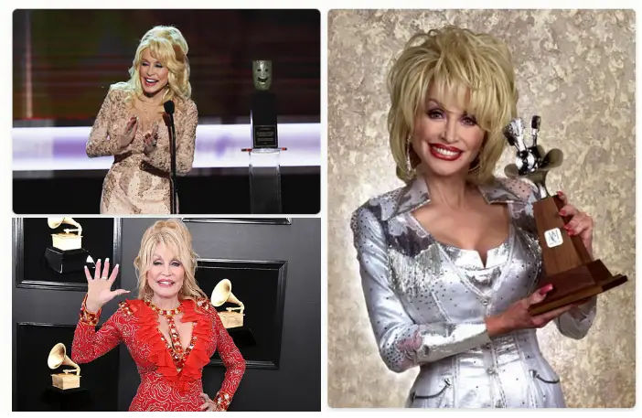 Dolly Parton holding her Grammy Awards