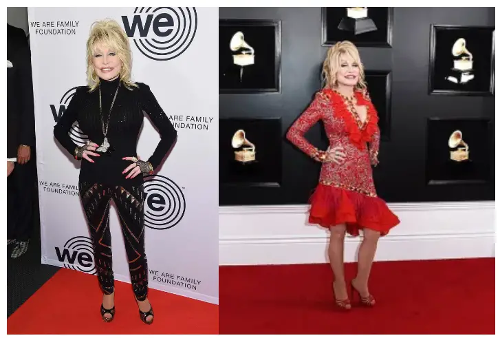 Dolly Parton in a red carpet event, showcasing her fashion evolution