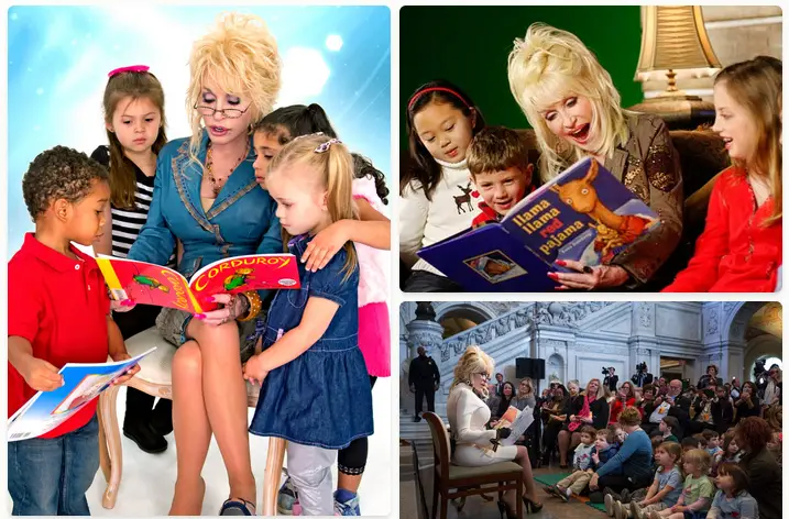 Dolly Parton reading a book to children