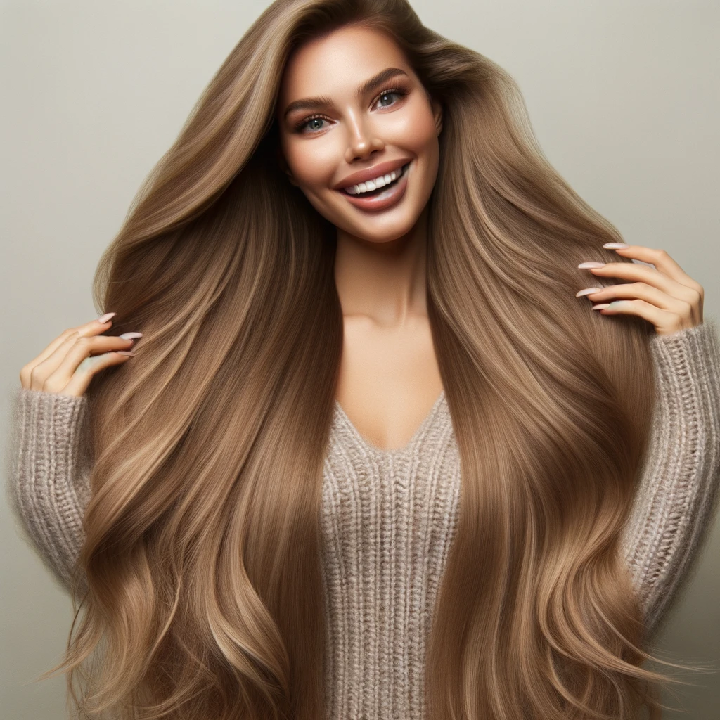 Woman smiling with voluminous hair after getting K-Tip extensions