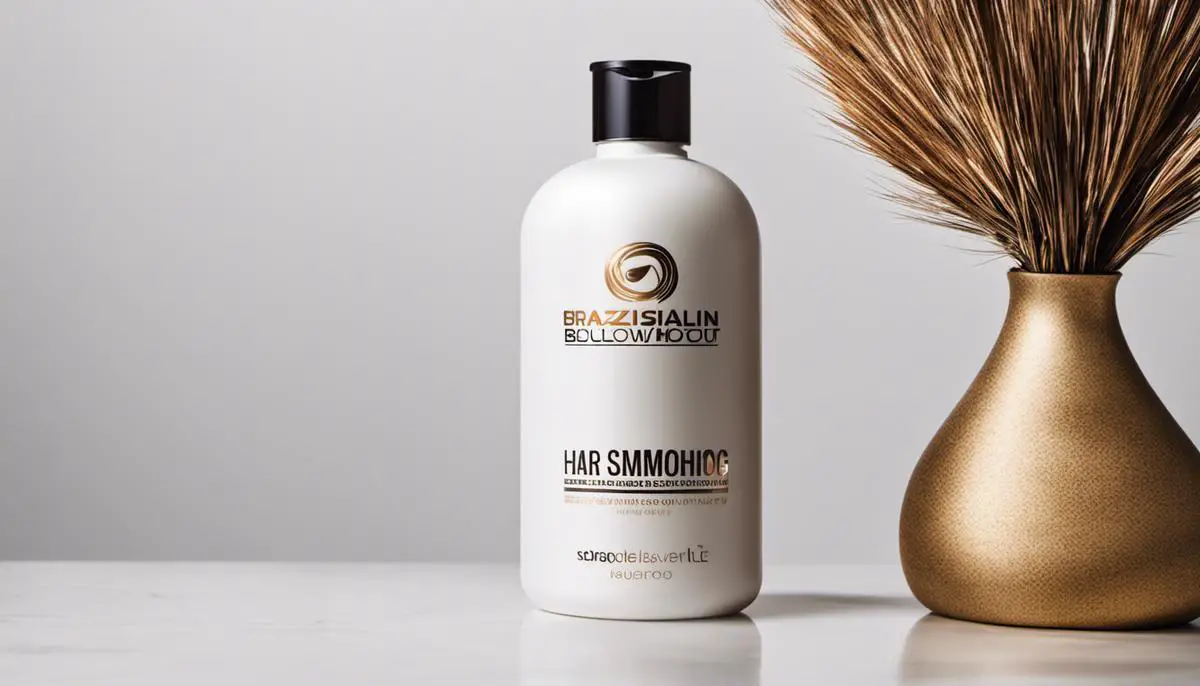 A bottle of Brazilian Blowout Shampoo with the brand logo and the words 'Hair Smoothing Shampoo' written on it, on a white background
