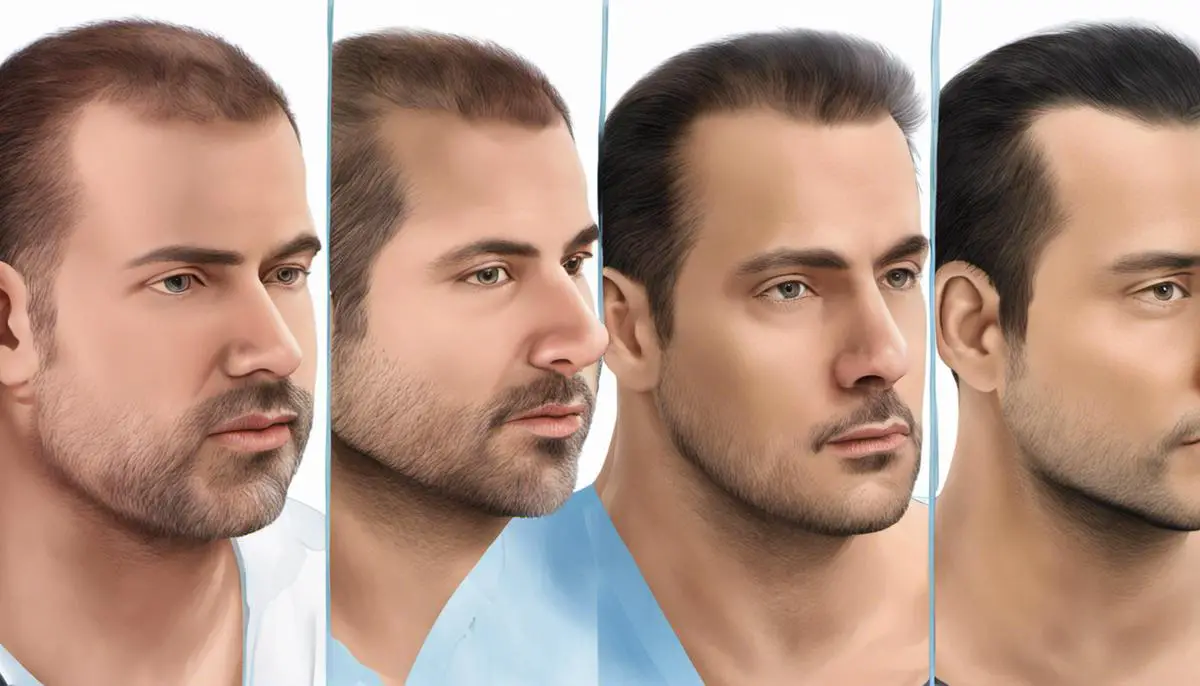 Before and after picture of a DHI hair transplantation procedure showing significant improvement in hairline and overall hair density