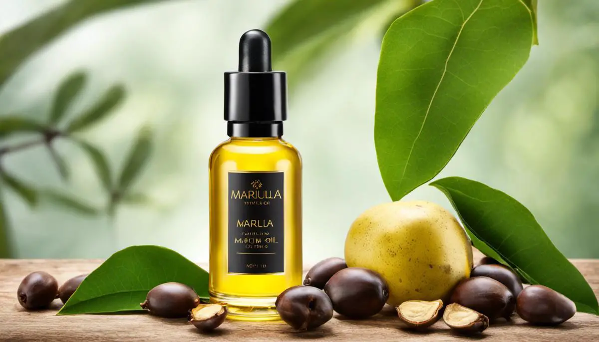 A bottle of Marula oil surrounded by marula fruits and leaves, representing the benefits and origin of the oil.