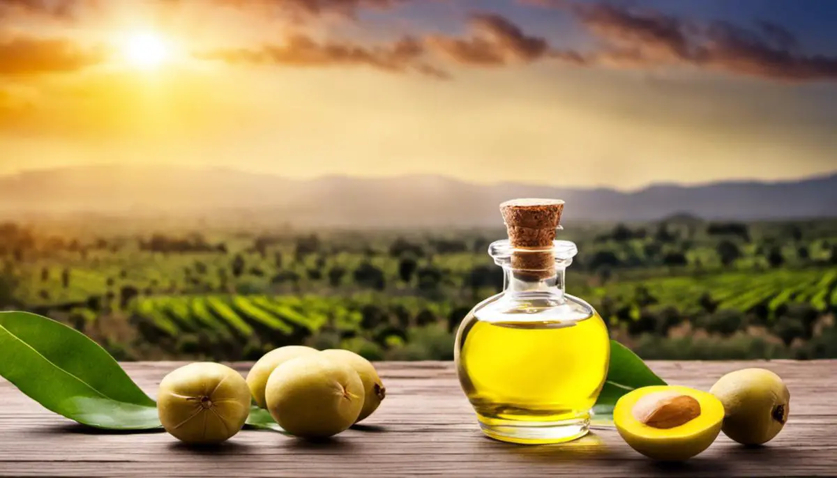 A bottle of marula oil with marula fruits in the background
