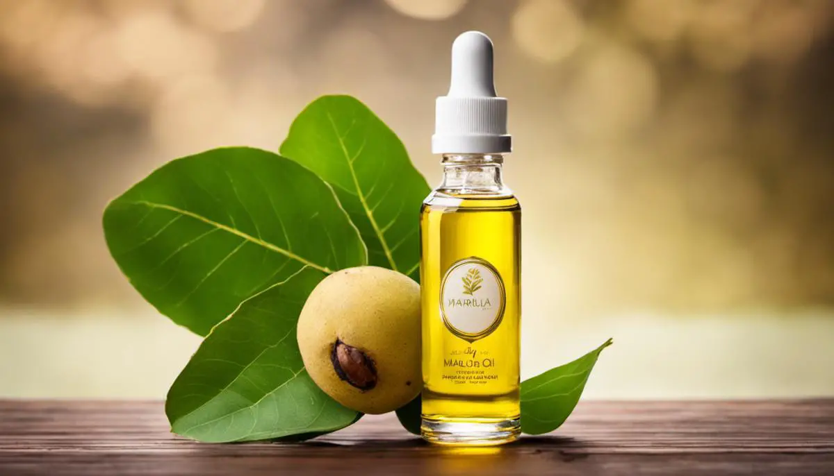 Bottle of Marula Oil for Hair with a marula fruit and leaves in the background
