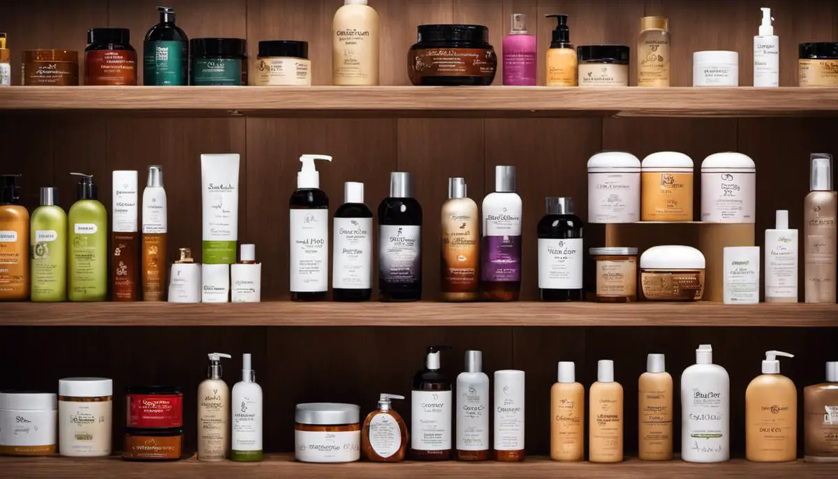 An image showing different hair care products displayed on a shelf