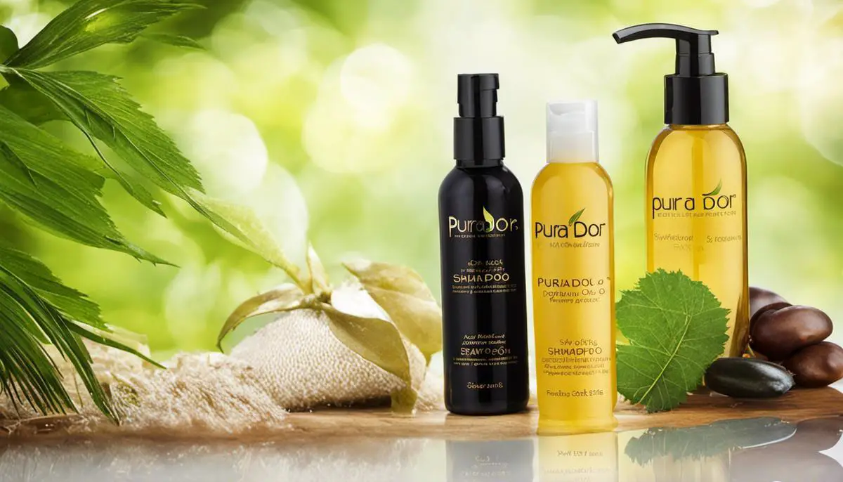 Pura D'or Overview and Natural Ingredients image - Bottles of Pura D'or shampoo and natural ingredients like argan oil, nettle extract, and saw palmetto.